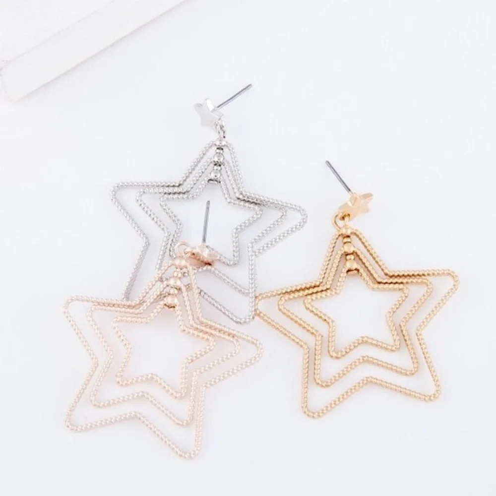 Textured Metal Layered Star Drop Earrings